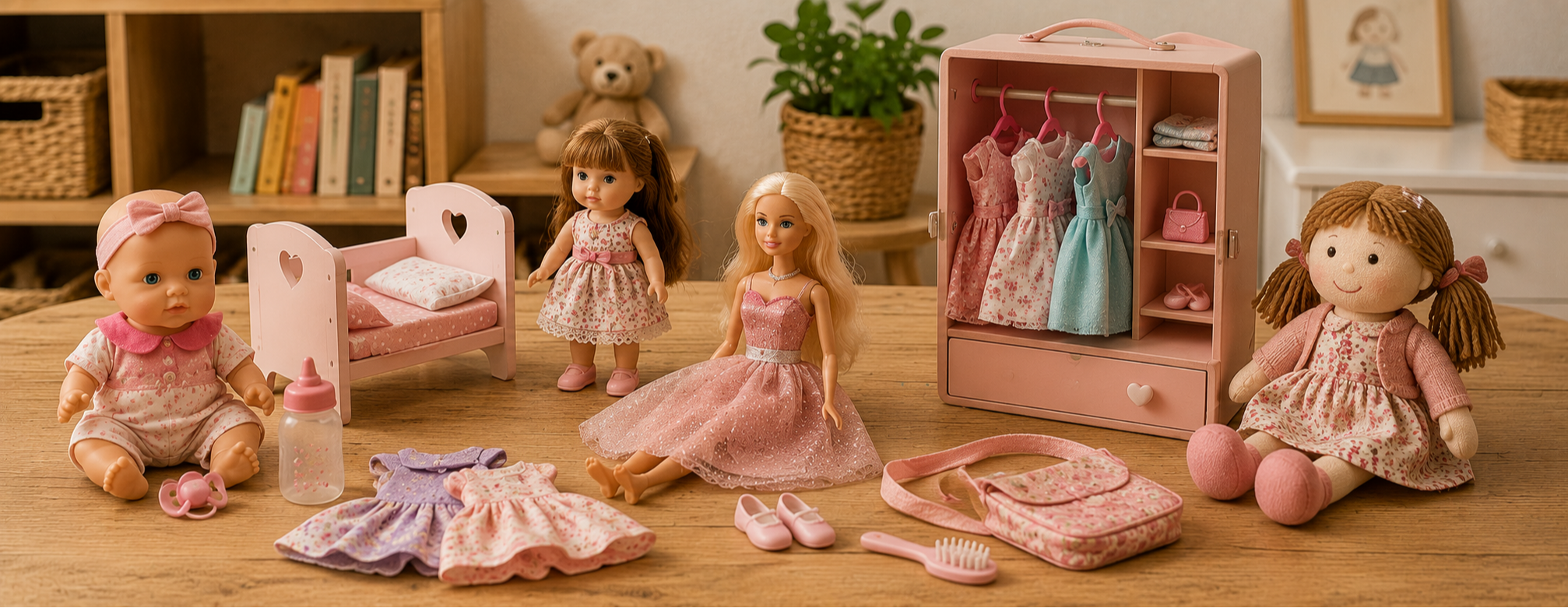 Photo panoramique de poupées de seconde main avec accessoires, vêtements, lit de poupée et poupées bébé sur table en bois