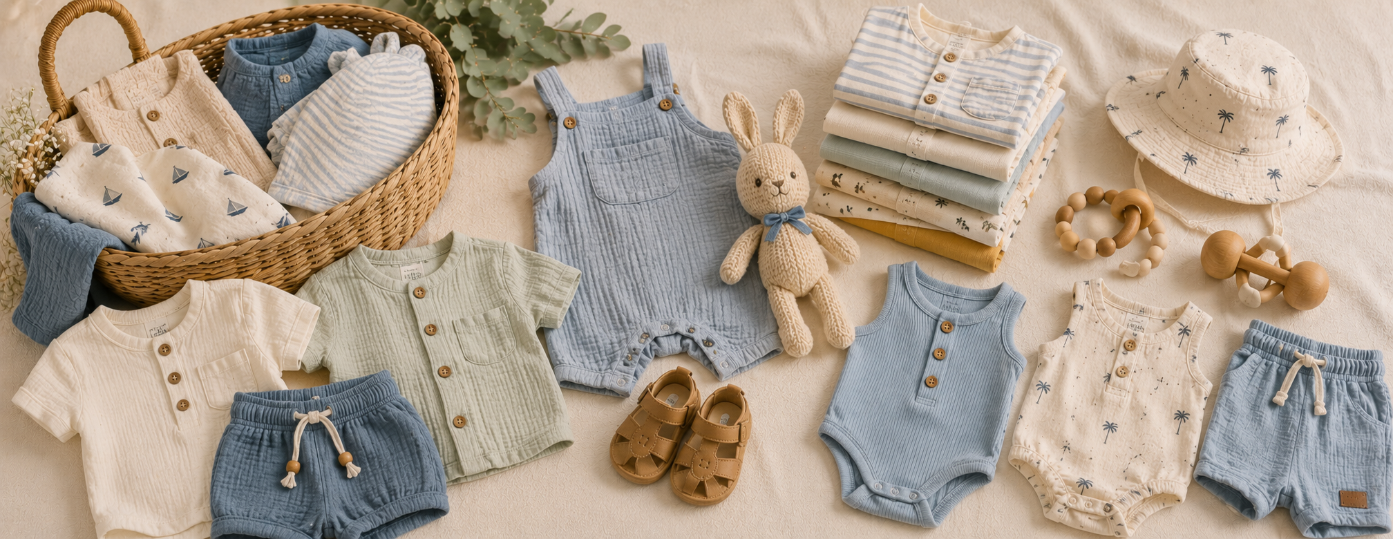 Panorama seconde main été bébé garçon 0-18 mois avec vêtements légers bleus, accessoires naturels et ambiance douce
