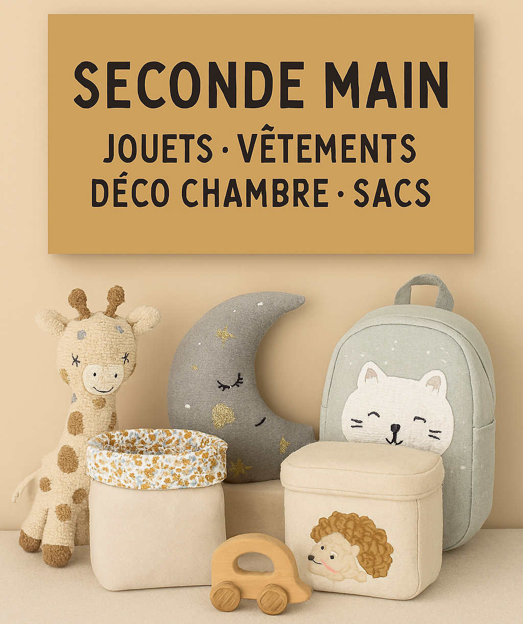 Sélection seconde main pour enfants : robe, peluche, coussin déco, sac à dos et jouet en bois sur fond beige