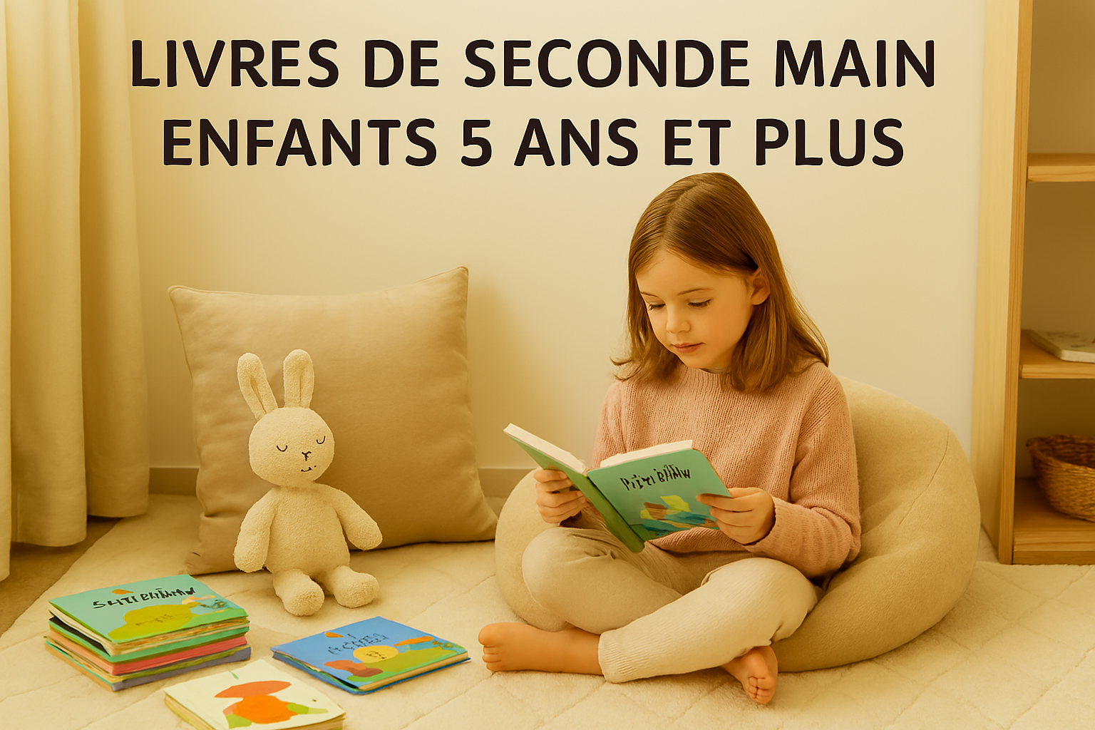 Enfant lisant un livre jeunesse dans un coin lecture cosy : coussin, tapis moelleux, bibliothèque en bois clair et livres seconde main
