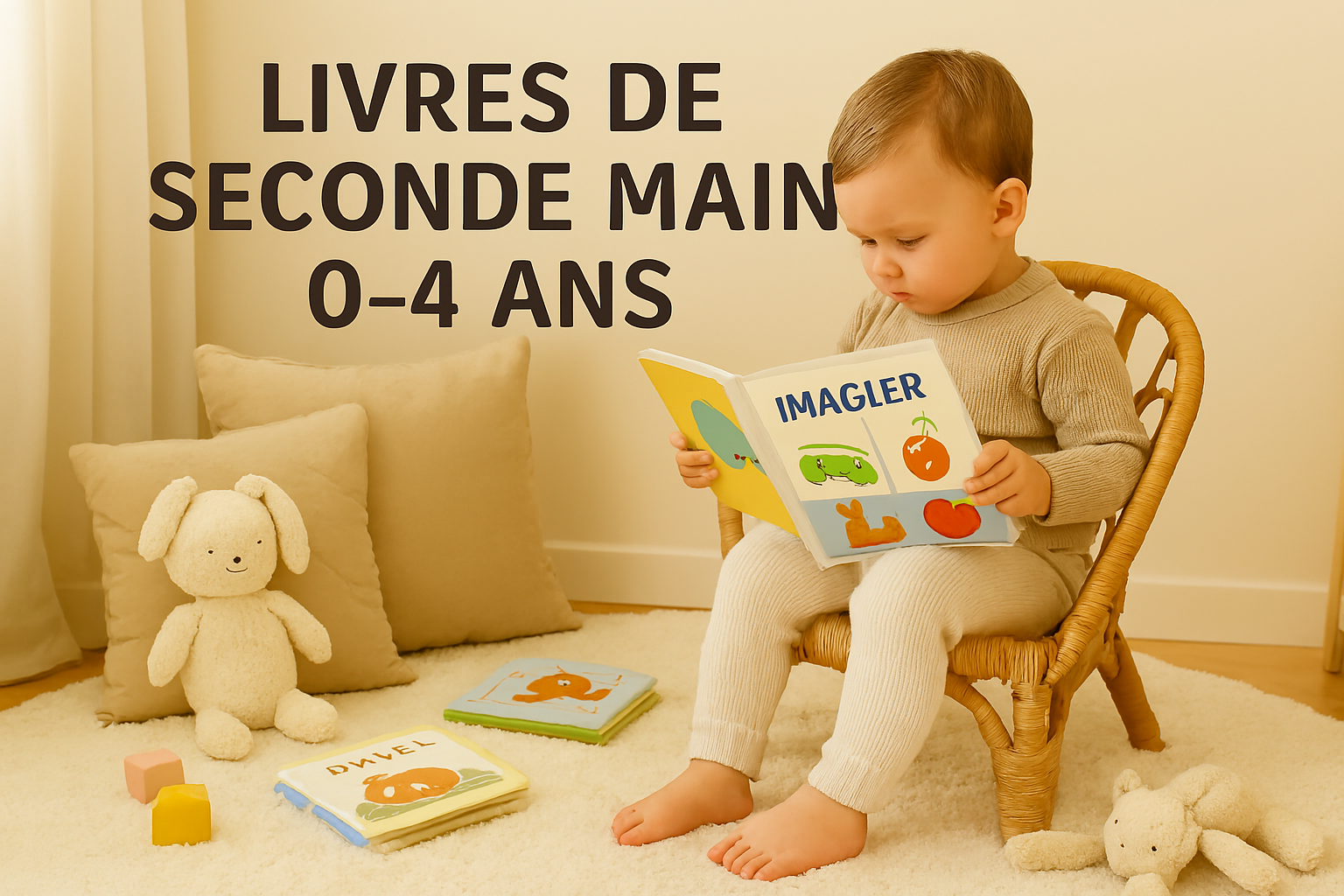 Enfant lisant tranquillement un imagier, assis sur une chaise en osier, avec coussins, doudou et livres bébé posés autour