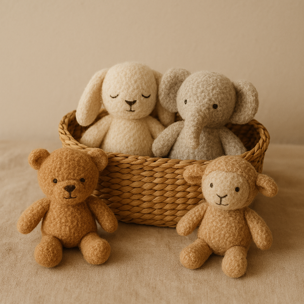 Doudous de rêve de seconde main dans un panier en osier, ambiance douce et rassurante
