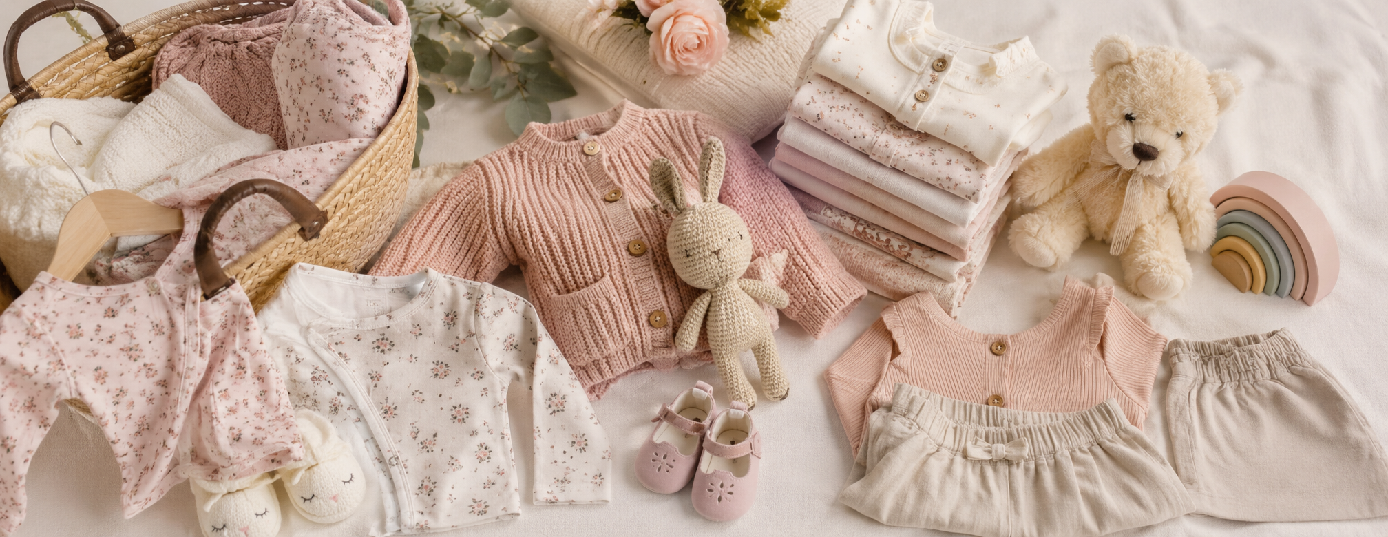 Panorama seconde main naissance fille 0-18 mois avec vêtements bébé roses, accessoires doux et ambiance cocooning