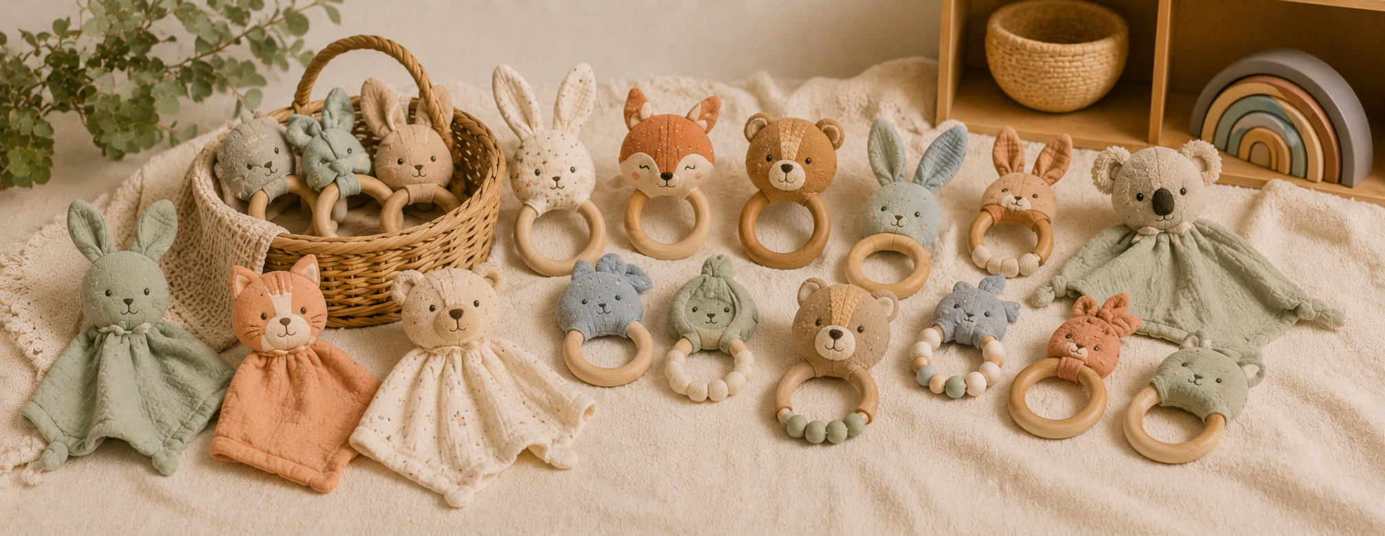 Collection de doudous de dentition de seconde main pour bébé avec accessoires sensoriels et matières douces
