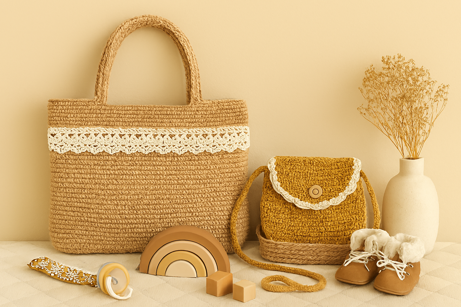 Mise en scène avec sac crocheté adulte et sac enfant, accessoires naturels et ambiance chaleureuse