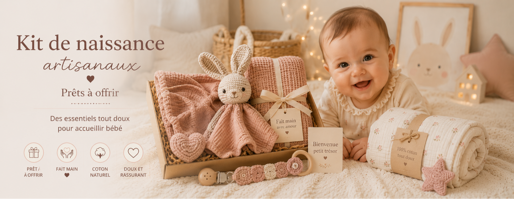 Kit de naissance bébé artisanal prêt à offrir avec doudou, attache tétine et couverture en coton dans une chambre d’enfant douce avec bébé