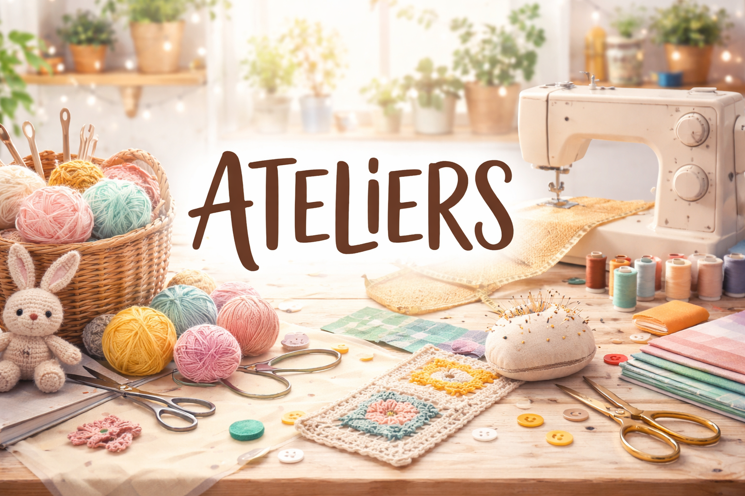 Espace créatif avec panier de pelotes de laine, crochet, machine à coudre et fournitures de couture sur une table lumineuse, ambiance atelier convivial.