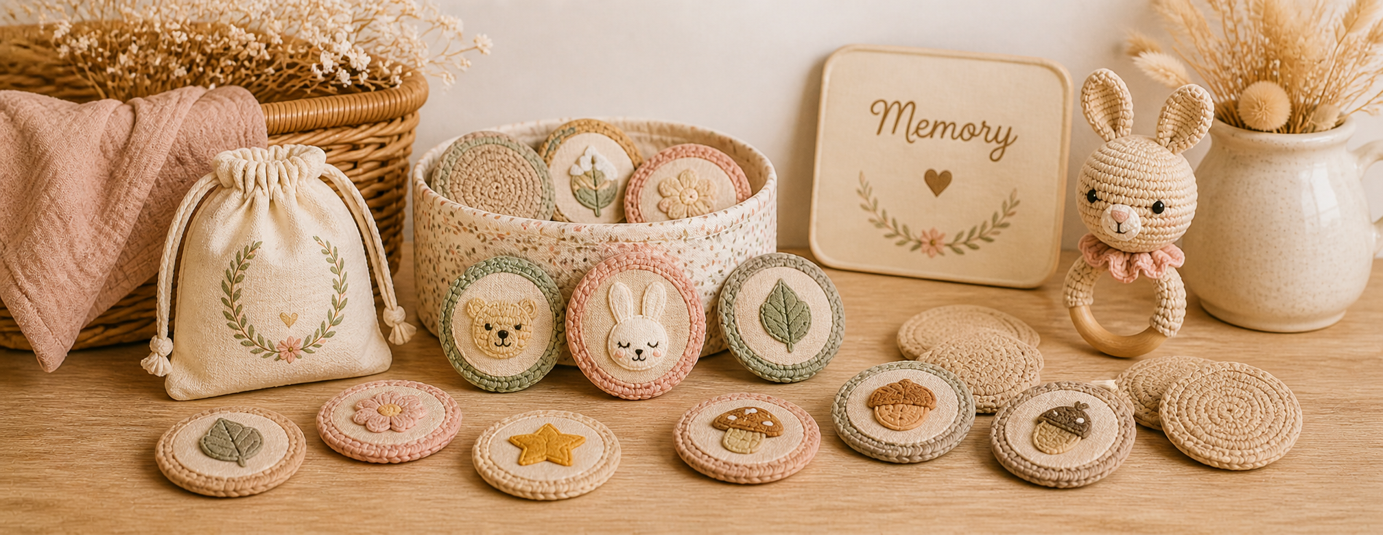 Jouets éducatifs bébé faits main en tissu et crochet, cubes, mémorys et jeux sensoriels