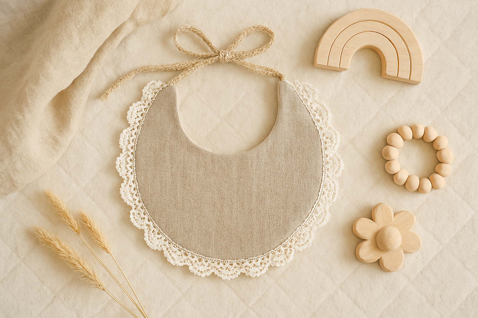 Bavoir artisanal en lin avec bordure crochet, entouré de jouets en bois et accessoires naturels