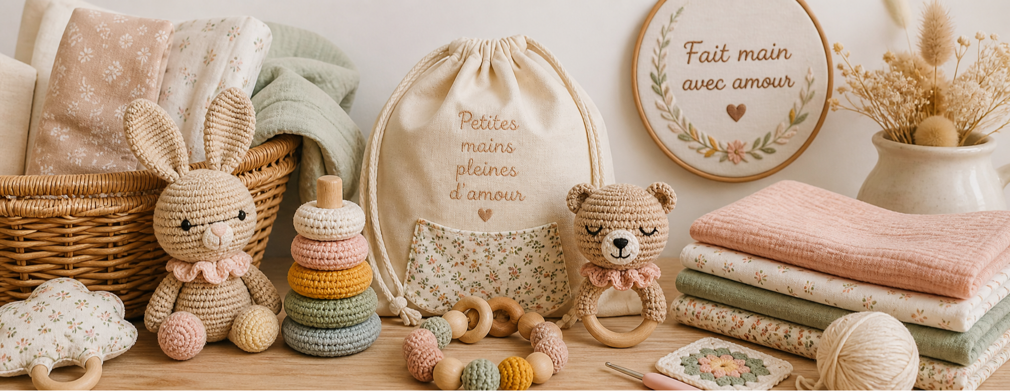 Créations artisanales pour bébé en crochet et couture – doudous, jouets éducatifs et linge de chambre faits main