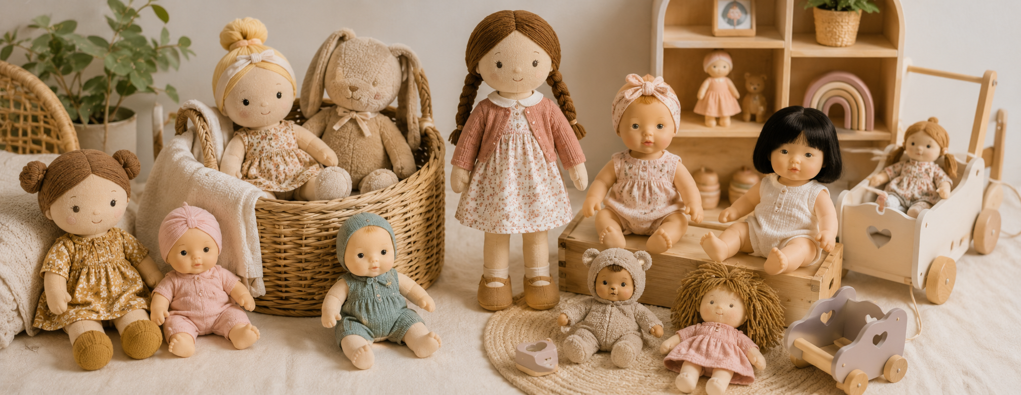 Panorama de poupées et jouets de seconde main pour bébés et jeunes enfants dans une ambiance douce et naturelle