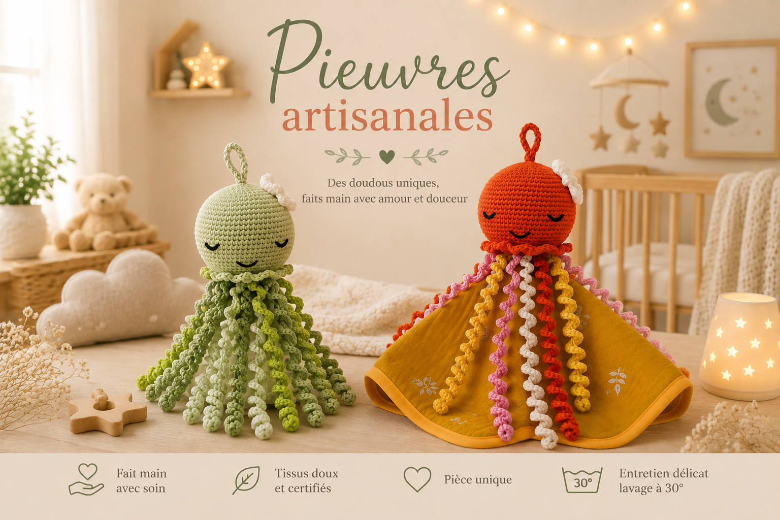 Pieuvres artisanales faites main aux couleurs douces dans une chambre de bébé