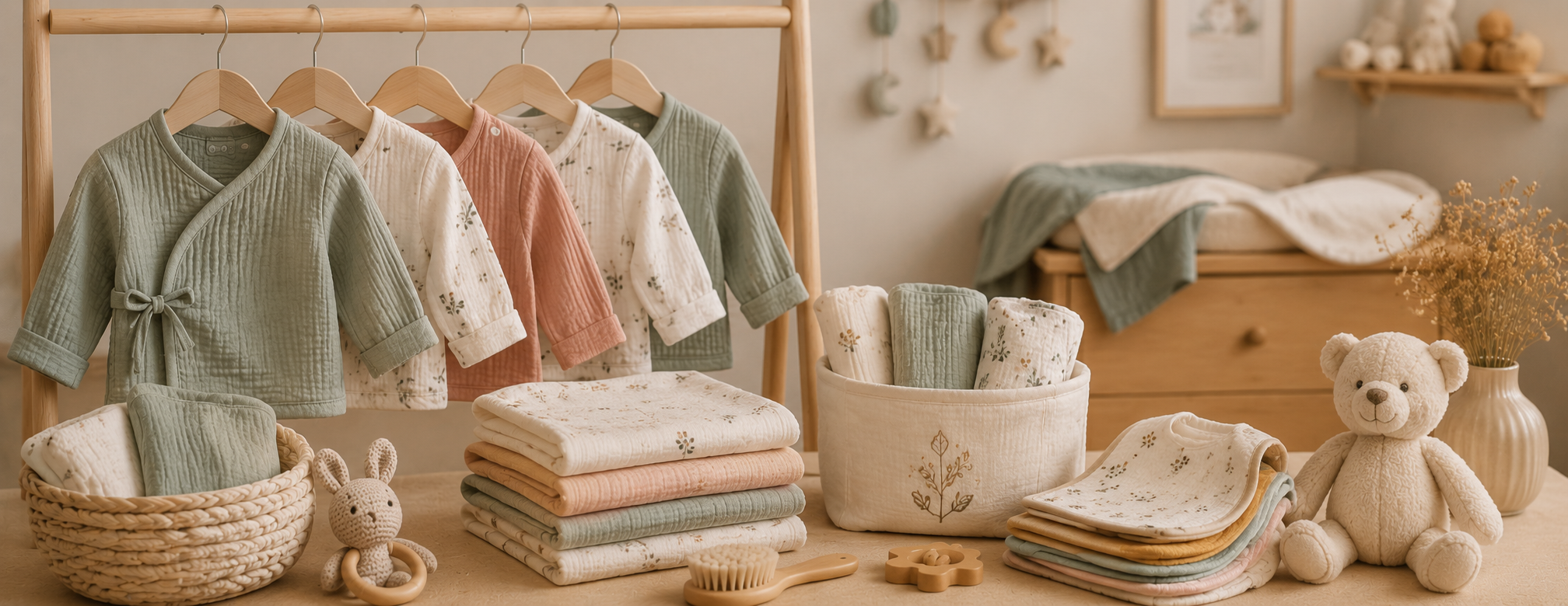 Linge bébé artisanal en coton gaze avec vêtements, couvertures et accessoires faits main dans une chambre d’enfant douce et naturelle