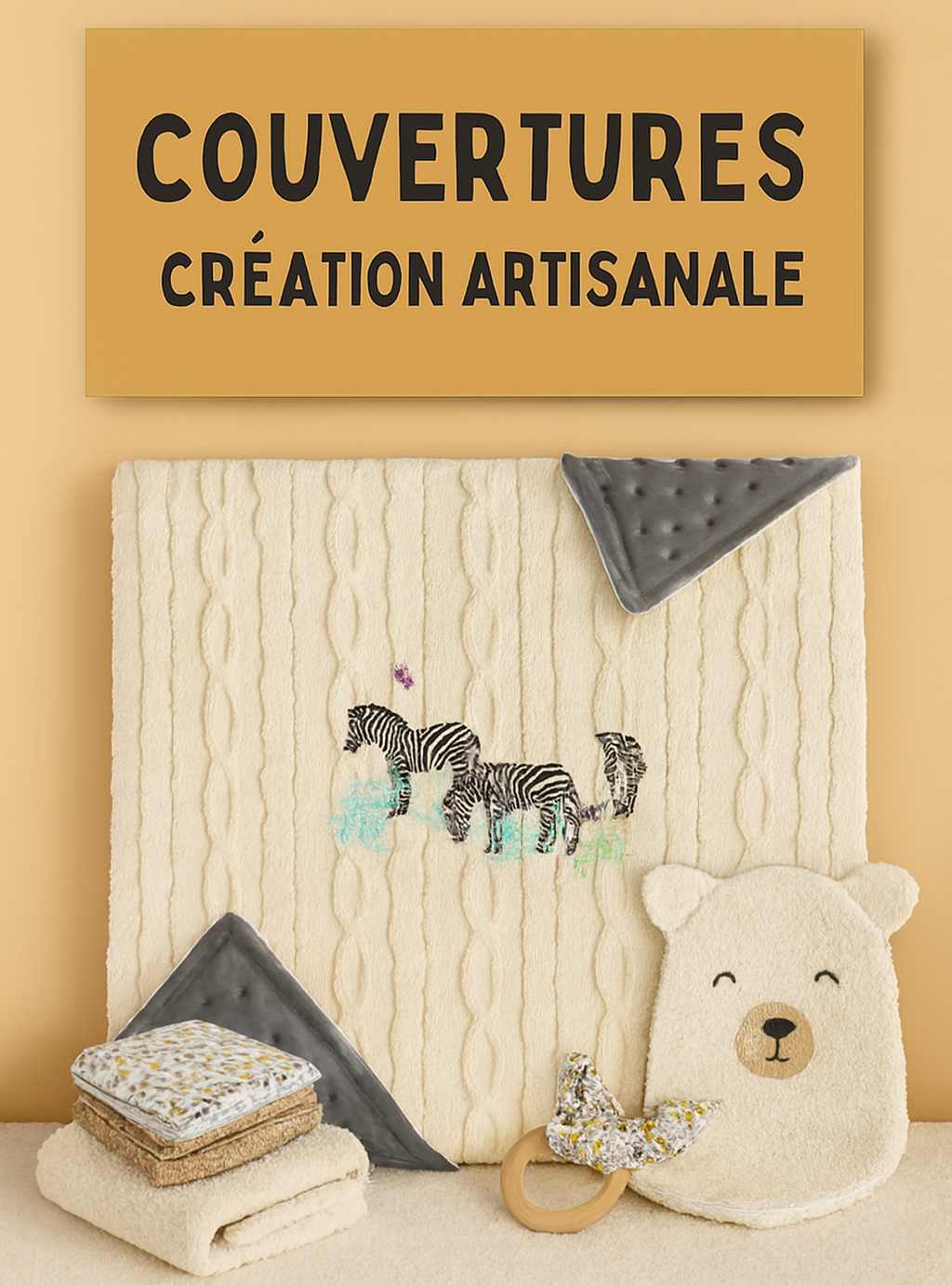 Couverture artisanale pour bébé : tricot torsadé écru avec broderie zèbres, coins minky gris foncé sur fond beige