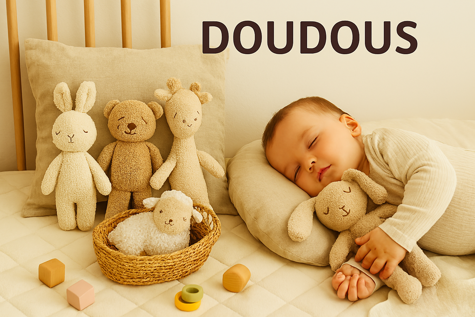 Bébé endormi avec doudou lapin, entouré de doudous seconde main posés sur coussin et panière en osier dans une chambre lumineuse
