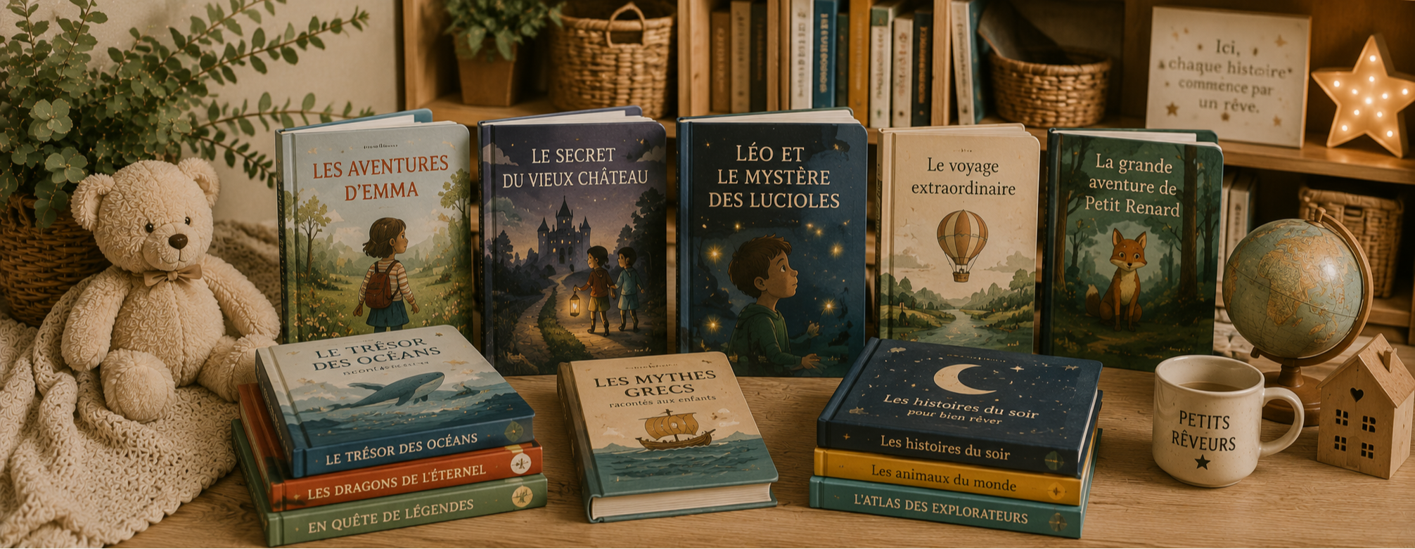 Livres enfants 5 ans et plus de seconde main présentés dans un univers lecture doux et apaisant