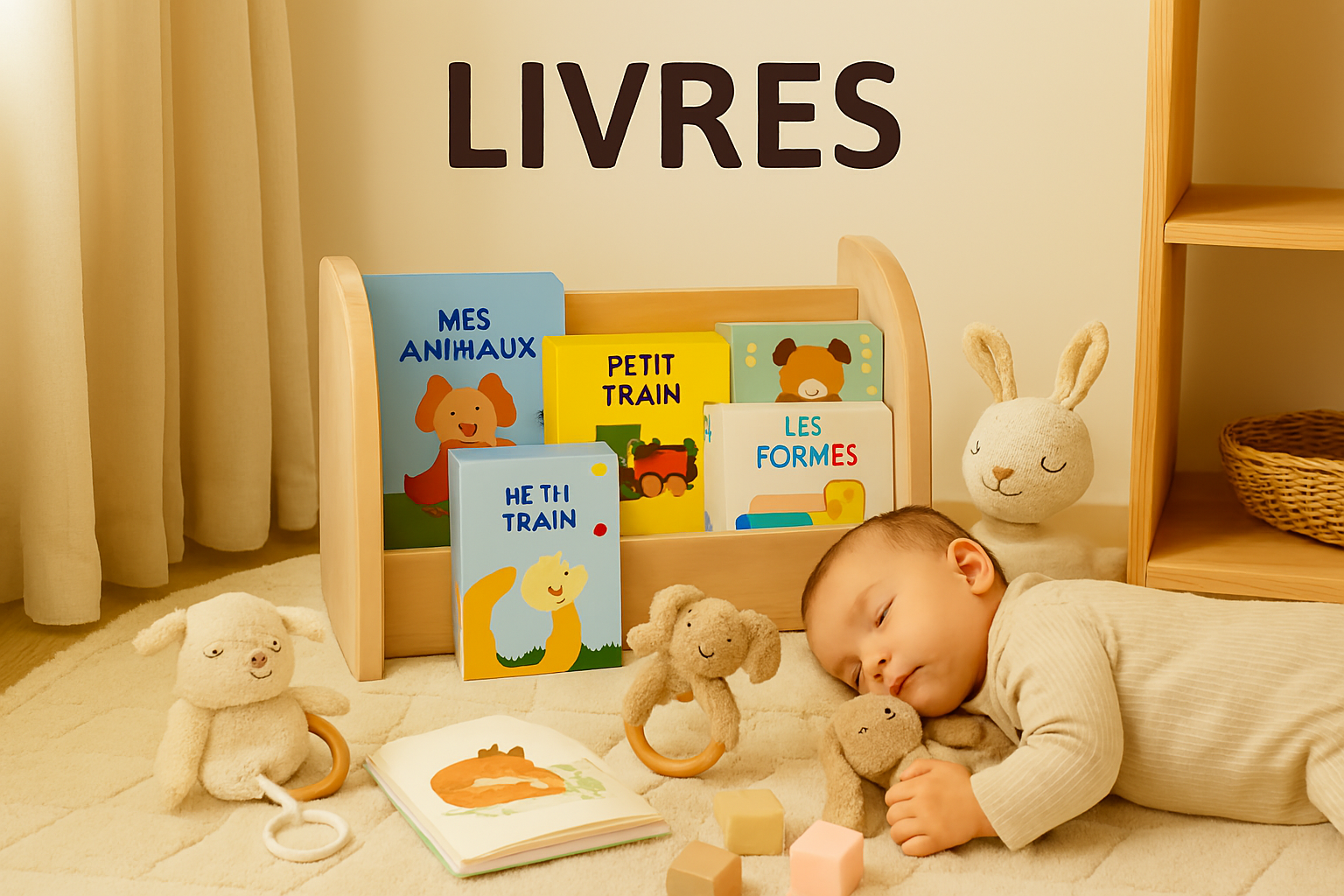 Petite bibliothèque en bois clair avec livres jeunesse de seconde main, tapis moelleux, doudou et blocs pastel dans un coin lecture lumineux