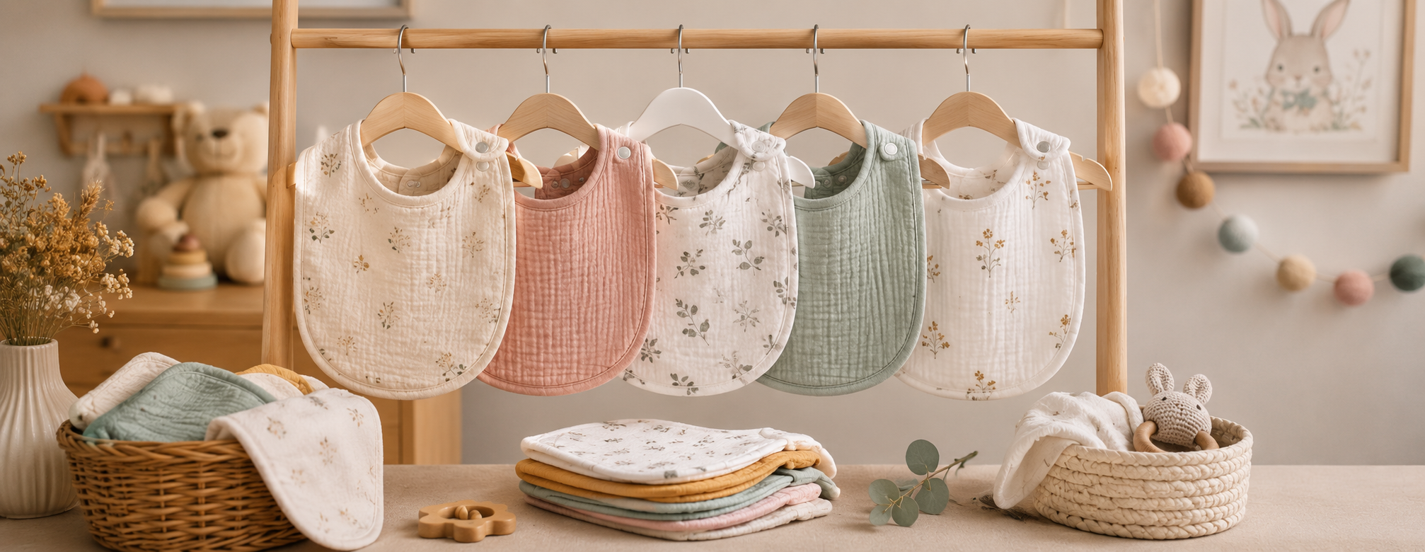 Bavoirs bébé artisanaux en coton gaze suspendus dans une chambre d’enfant douce et naturelle avec accessoires faits main