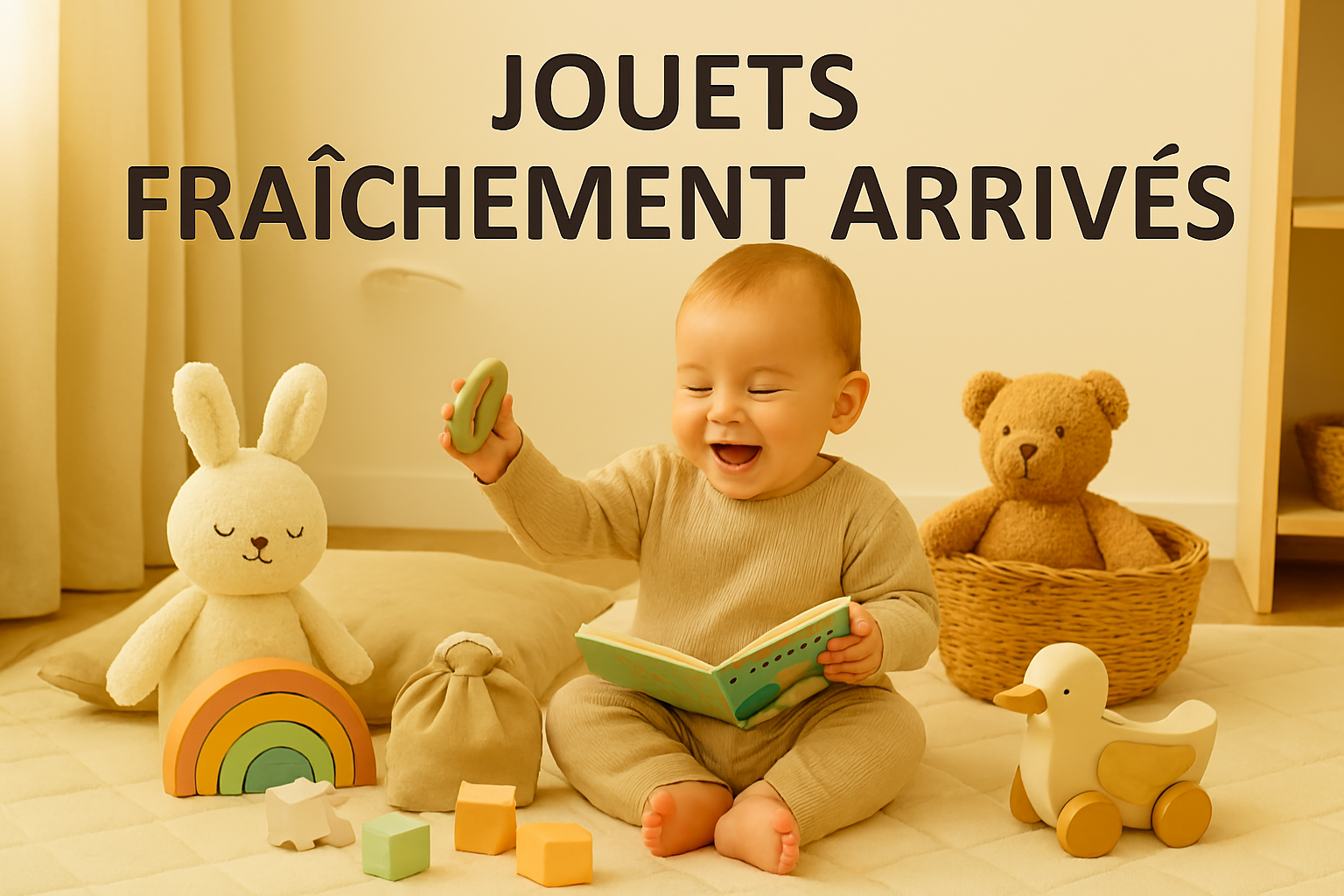 Bébé souriant entouré de jouets fraîchement arrivés : anneaux à empiler, puzzle, jouets à tirer, blocs pastel et doudous dans une chambre lumineuse