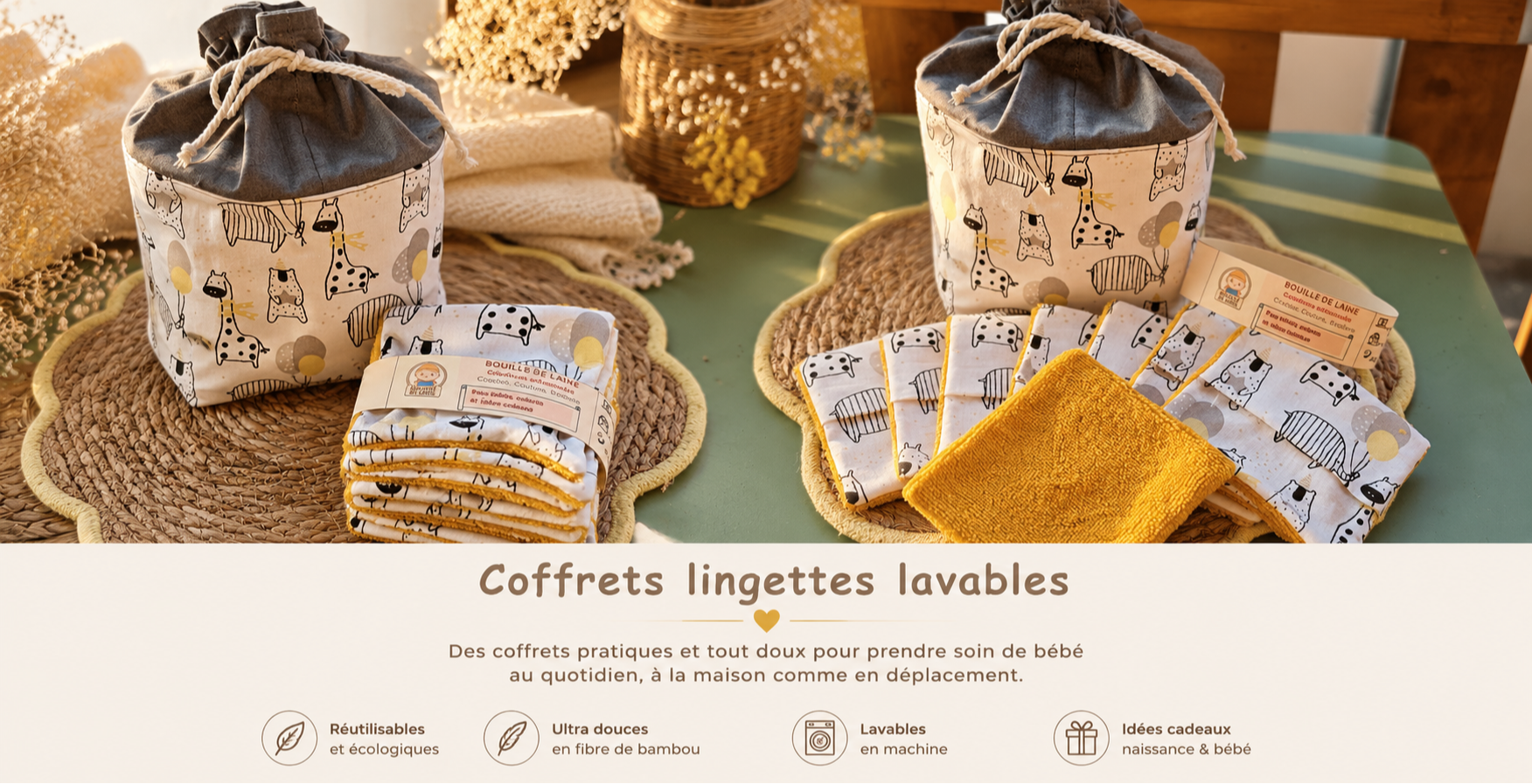 Coffrets de lingettes lavables artisanales avec pochon en coton et fibre de bambou