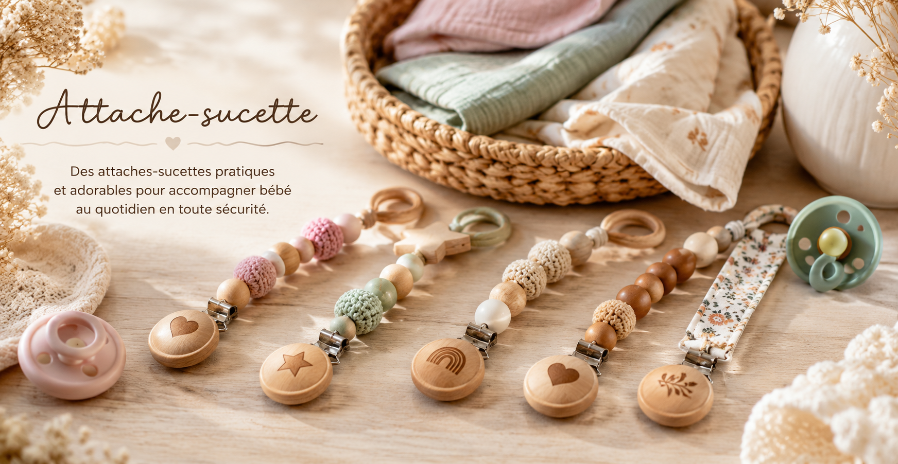 Attaches-sucettes bébé artisanales colorées avec perles en bois et motifs crochet