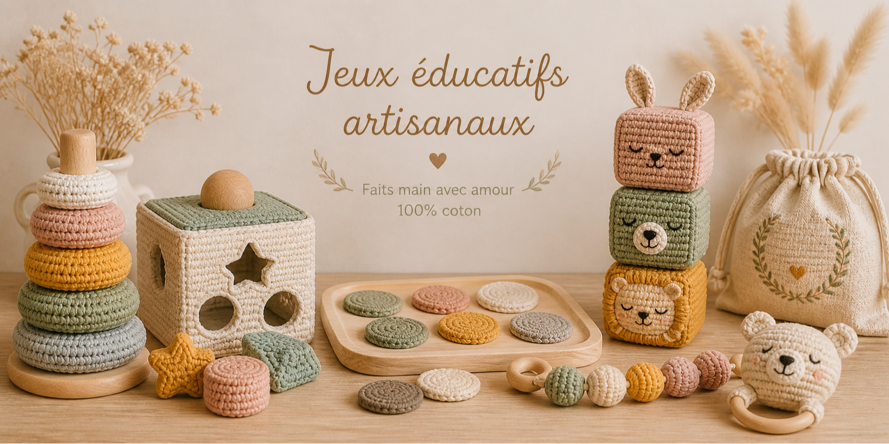 Jeux éducatifs artisanaux pour bébé en crochet coton – jeux d’empilage, formes et mémoire faits main dans des tons doux et naturels