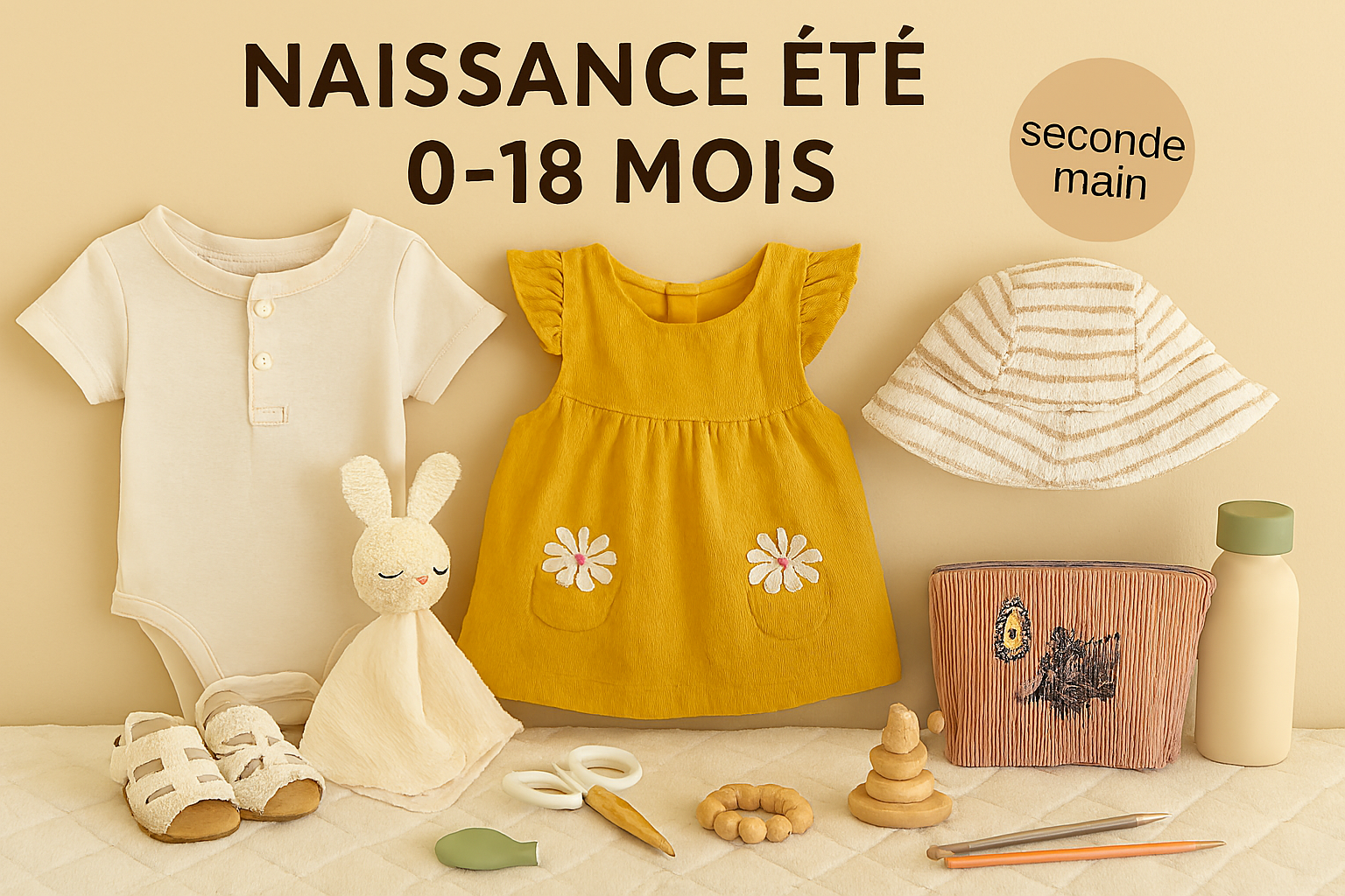 Vêtements d’été seconde main pour bébé 0-18 mois : body, robe légère, chapeau, sandales et doudou, présentés sur fond matelassé