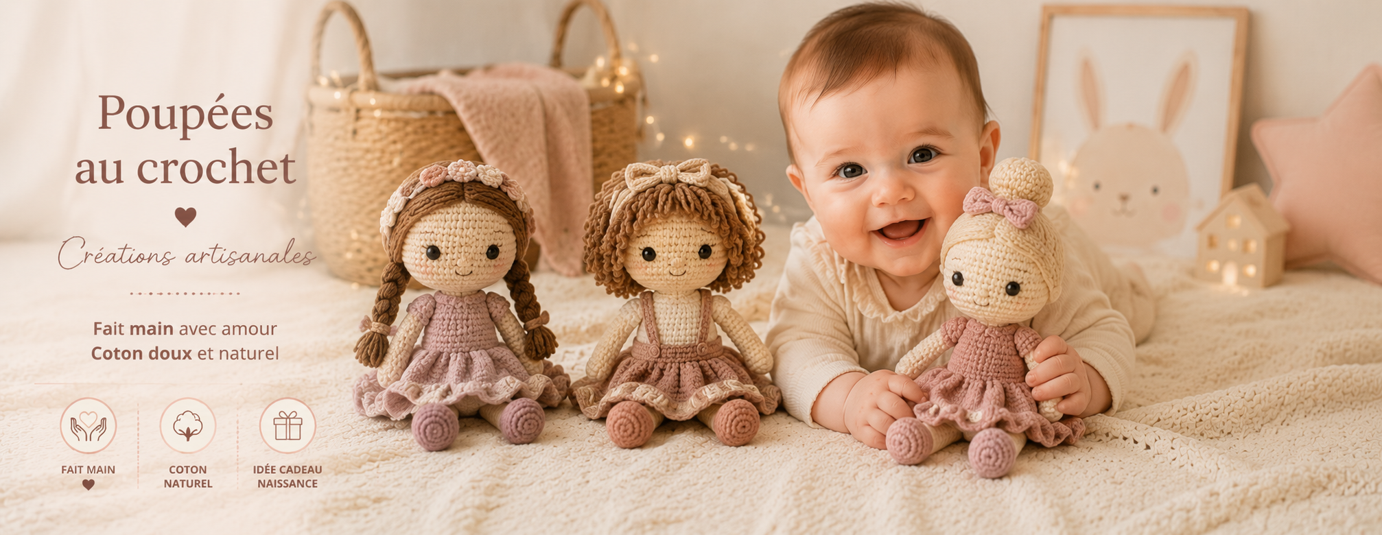 Poupées au crochet bébé faites main en coton, créations artisanales dans une chambre d’enfant douce avec bébé