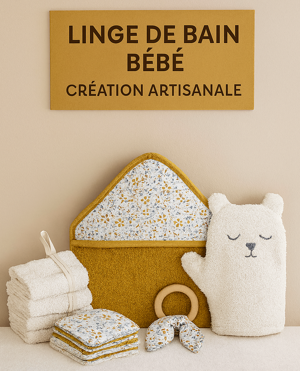 Linge de bain artisanal pour bébé : cape de bain, lingettes lavables et gant de toilette en forme d’ours sur fond beige