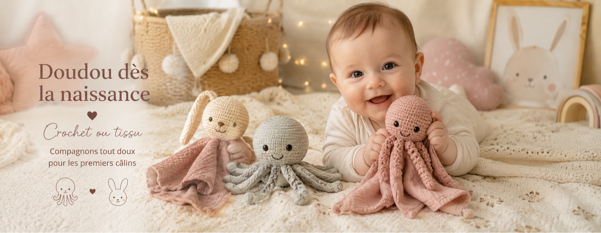 Doudou bébé dès la naissance en crochet ou tissu, pieuvre et lapin faits main dans une chambre d’enfant douce avec bébé