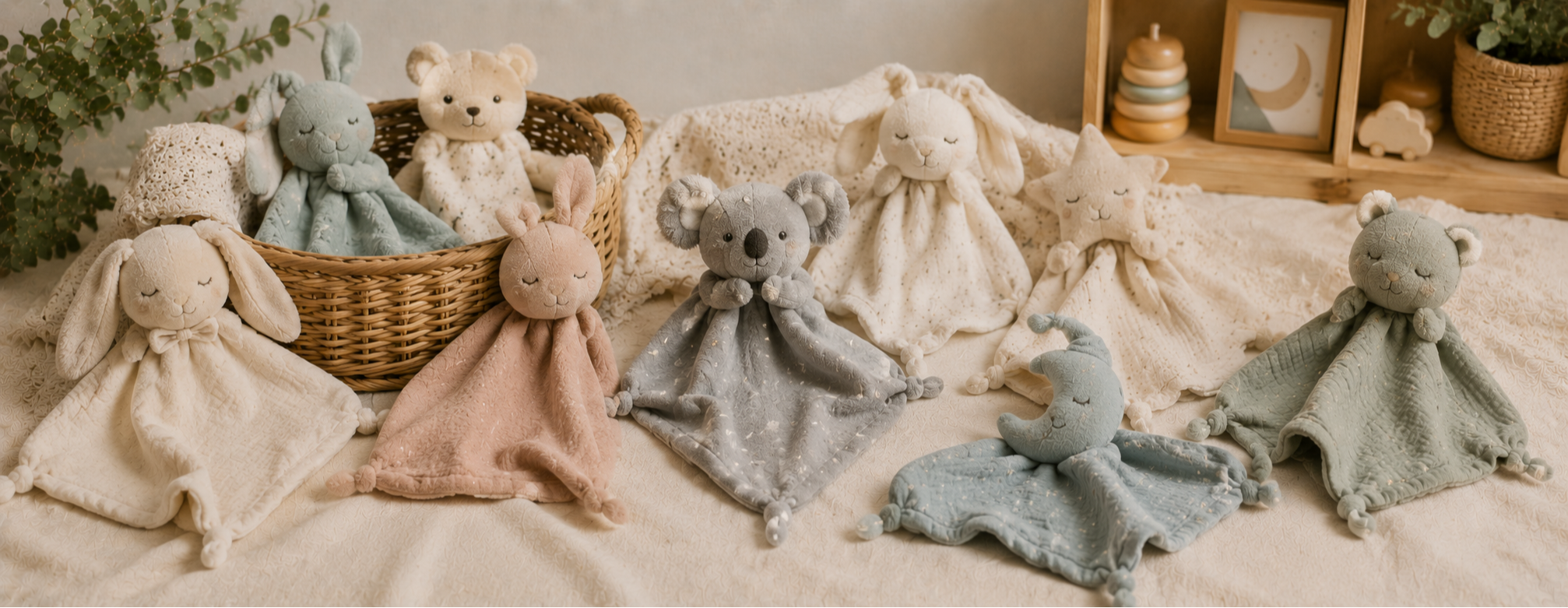 Collection de doudous de rêve de seconde main pour bébé avec matières douces et univers apaisant