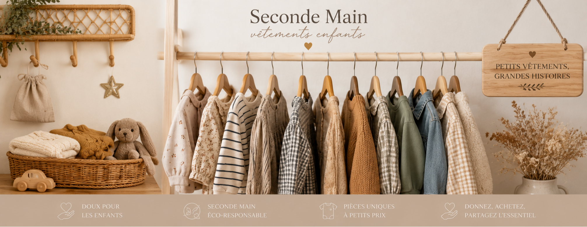 Photo panoramique de vêtements enfants seconde main suspendus sur une penderie en bois dans une ambiance douce, naturelle et chaleureuse avec décoration bohème et textiles pour enfants.