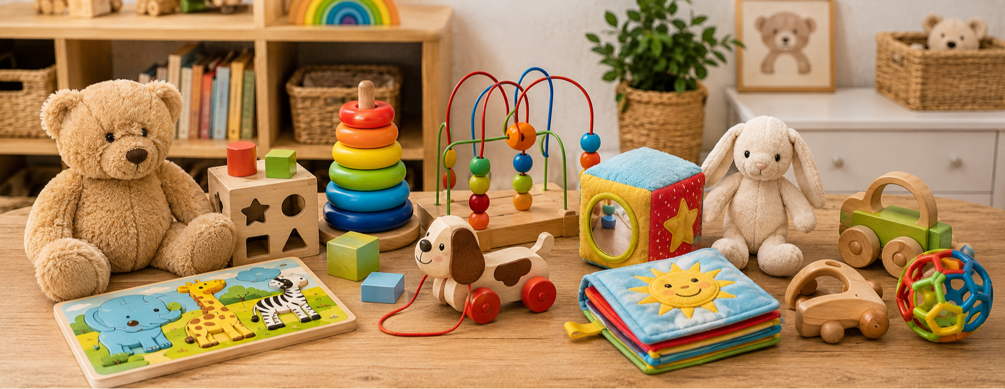 Photo panoramique de jouets de seconde main pour enfants de 0 à 4 ans avec peluches, cubes en bois, jouets d’éveil et puzzle bébé