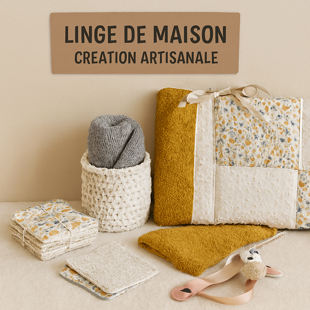 Linge de maison artisanal : lingettes lavables, serviette de bain, tour de lit et panier crocheté sur fond beige
