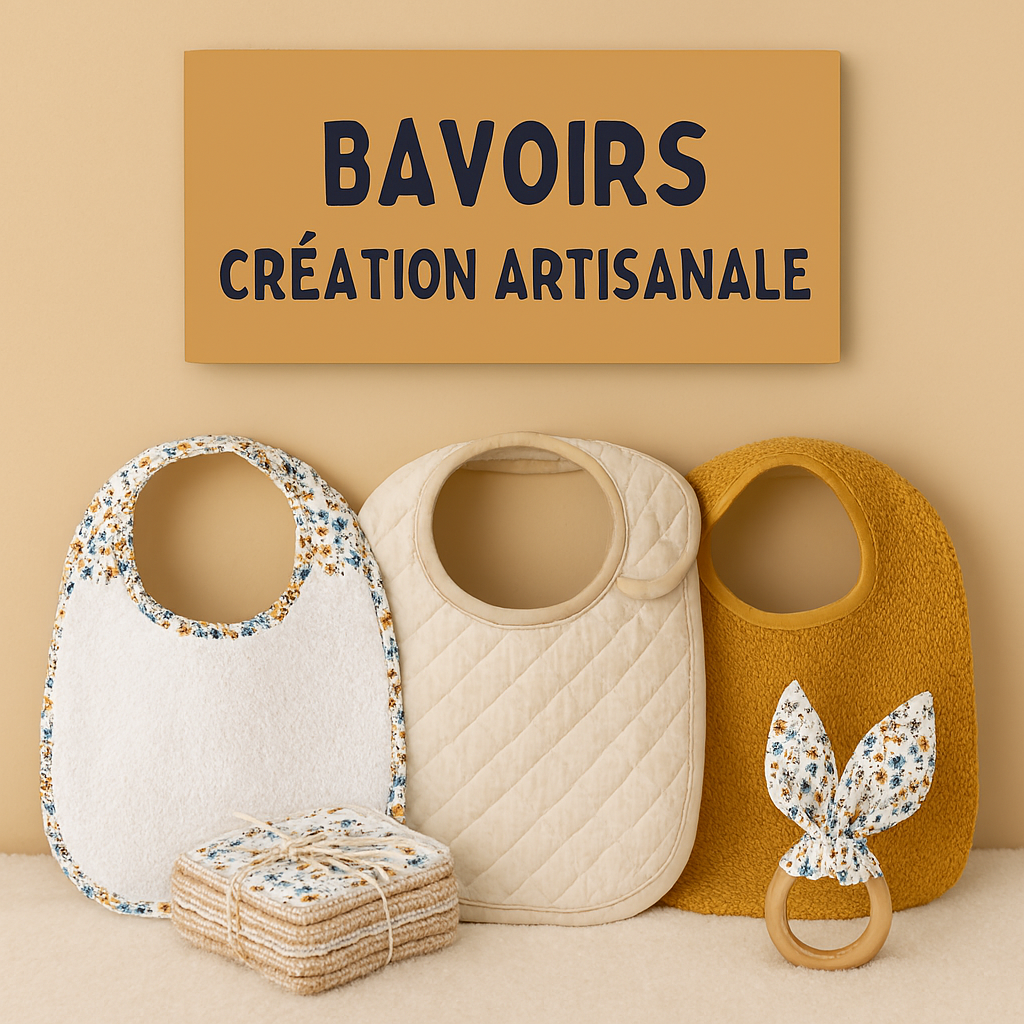 Bavoirs artisanaux pour bébé : modèles en tissu fleuri, éponge et nid d’abeille, avec anneau de dentition sur fond beige