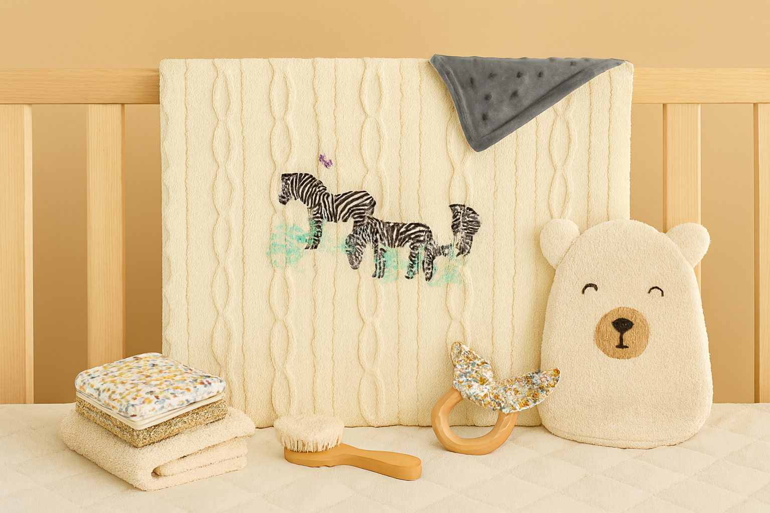 Couverture bébé motif zèbre posée sur une rambarde en bois, entourée d’accessoires artisanaux