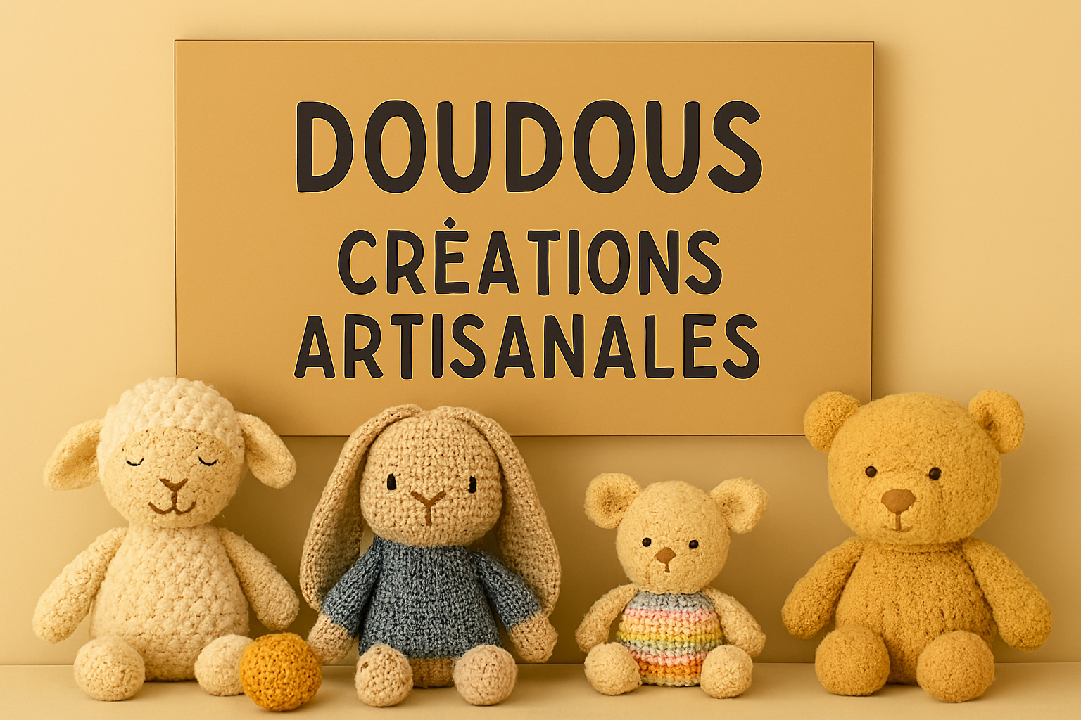 Doudous faits main en crochet : lapin, agneau, souris et ours artisanaux présentés sur fond beige