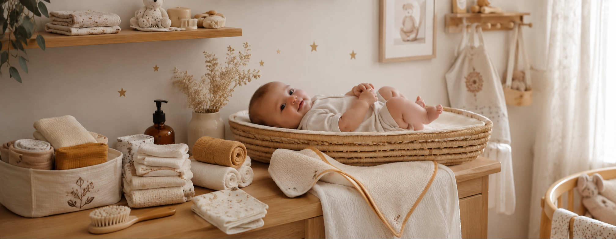 Linge de maison artisanal pour bébé en coton gaze dans une chambre d’enfant chaleureuse avec table à langer, lingettes lavables et serviettes de bain faites main