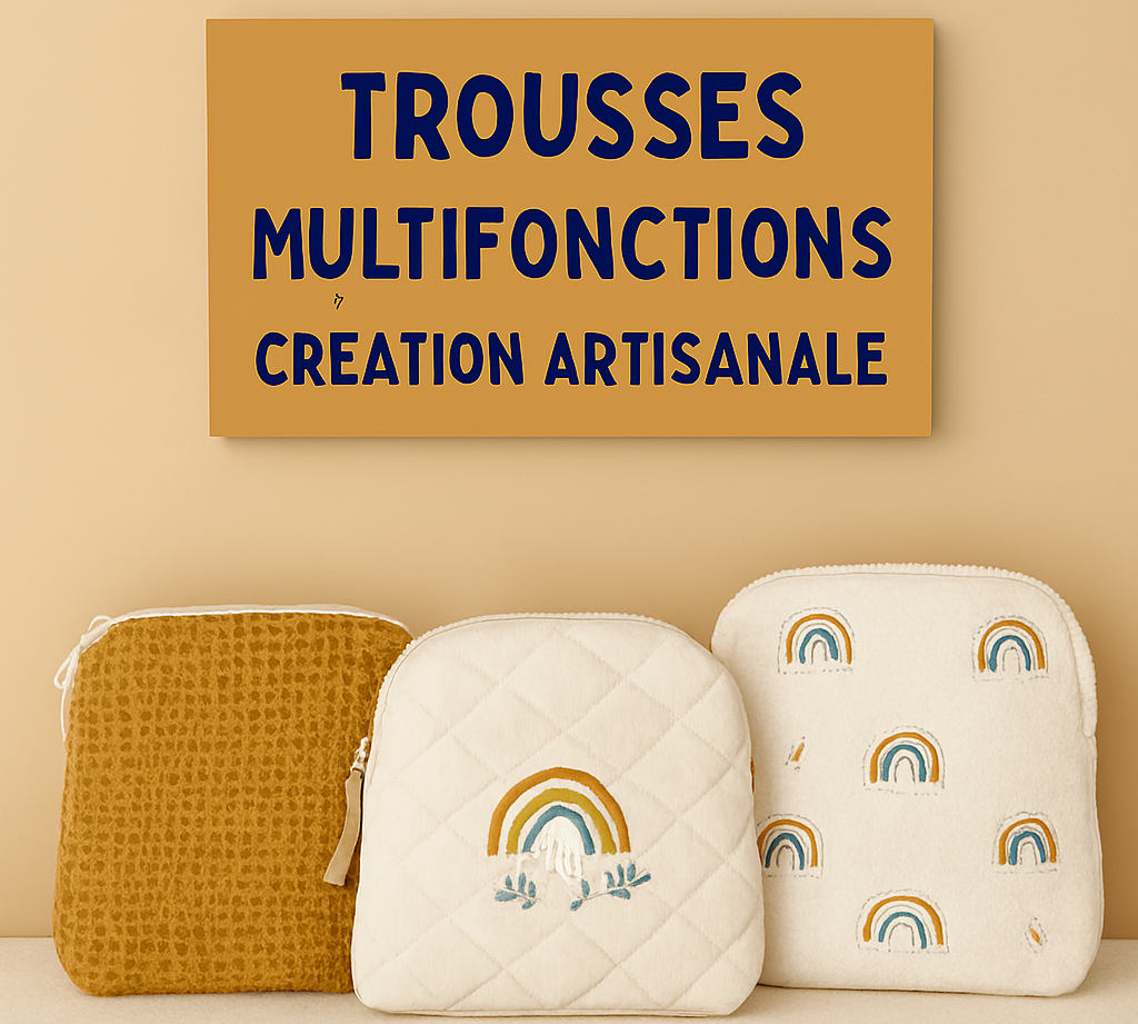 Trousses artisanales multifonction : modèles en nid d’abeille, matelassé et brodé sur fond beige 