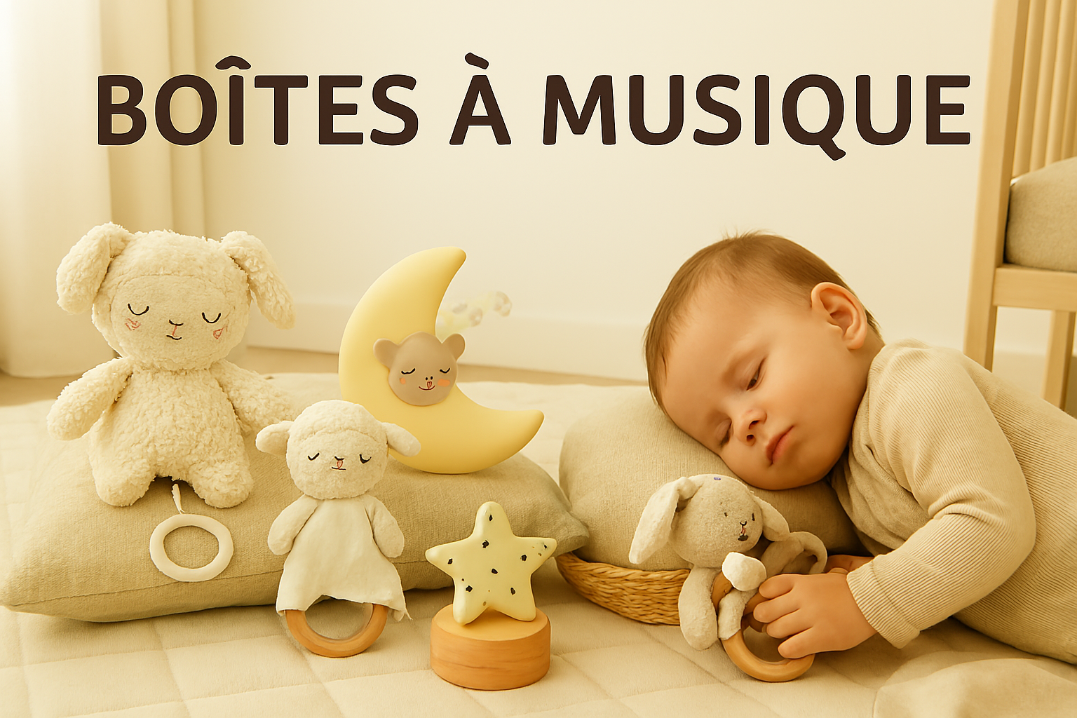 Bébé endormi avec boîte à musique en doudou, veilleuse musicale et boîte en bois dans une chambre lumineuse