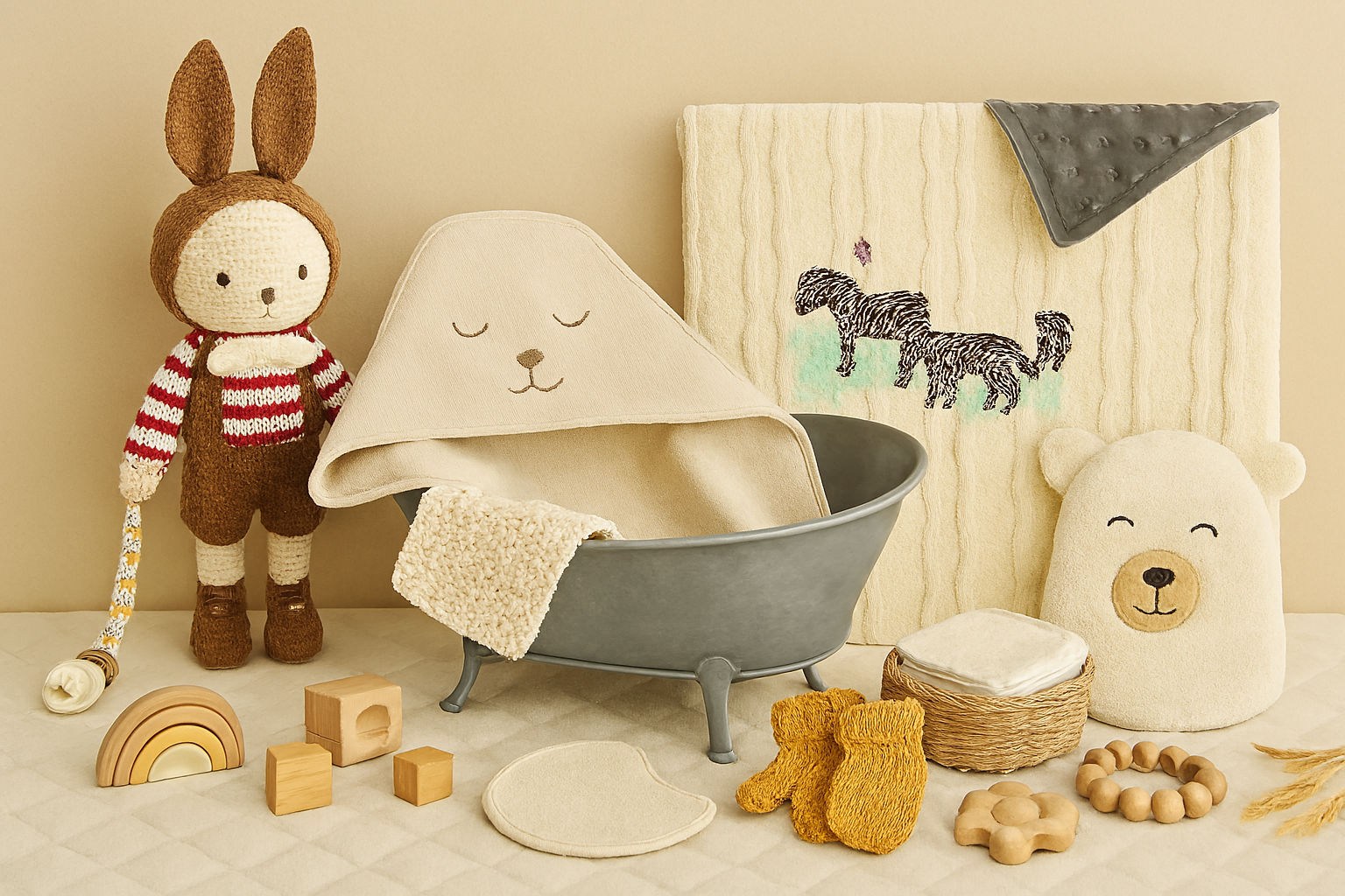 Mise en scène artisanale avec doudou au crochet, attache-sucette, linge de bain, bavoir, jeux éducatifs et couverture bébé