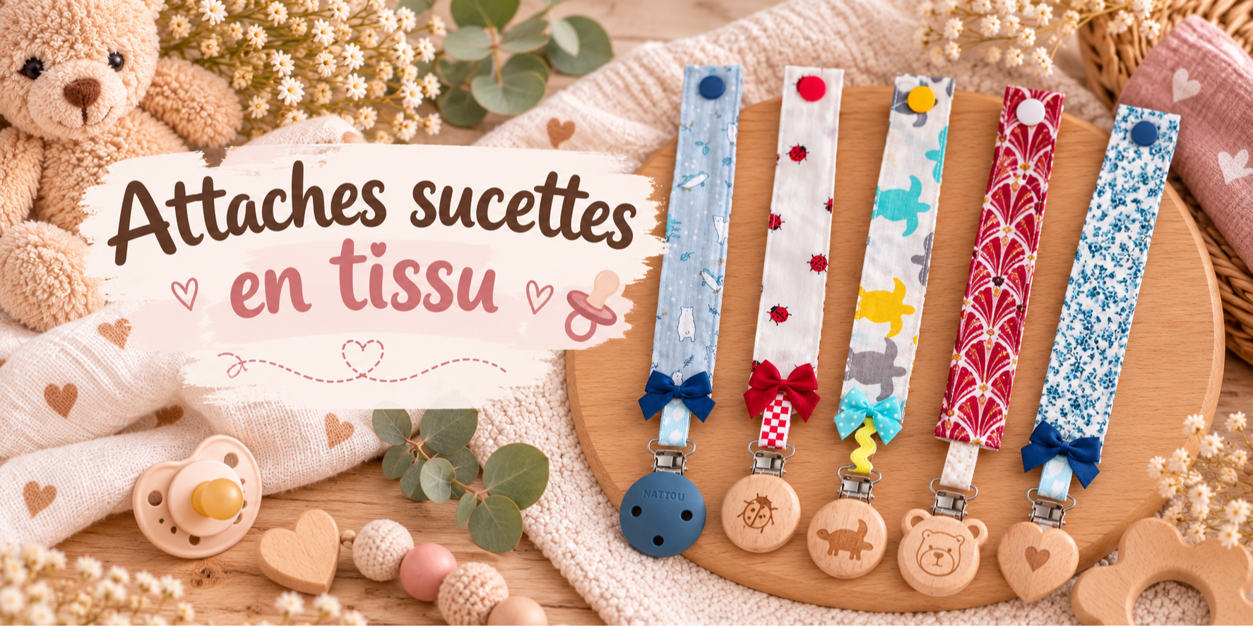 Attaches sucettes en tissu aux motifs colorés pour bébé – Bouille de Laine