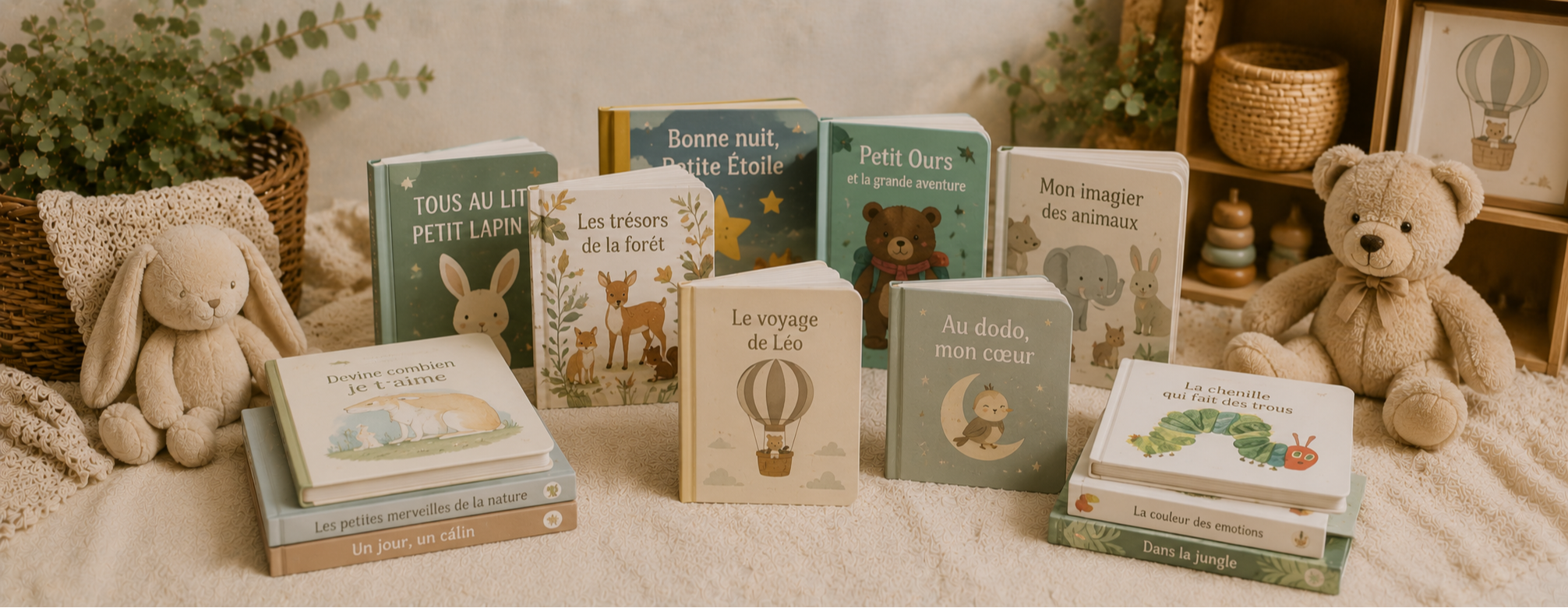 Collection fraîchement arrivée de seconde main avec vêtements, jouets, livres et doudous pour enfants