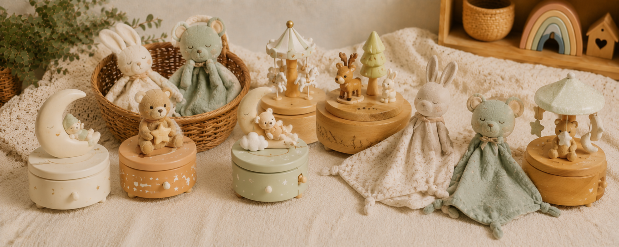 Collection de doudous boîte à musique de seconde main pour bébé avec peluches et décoration apaisante