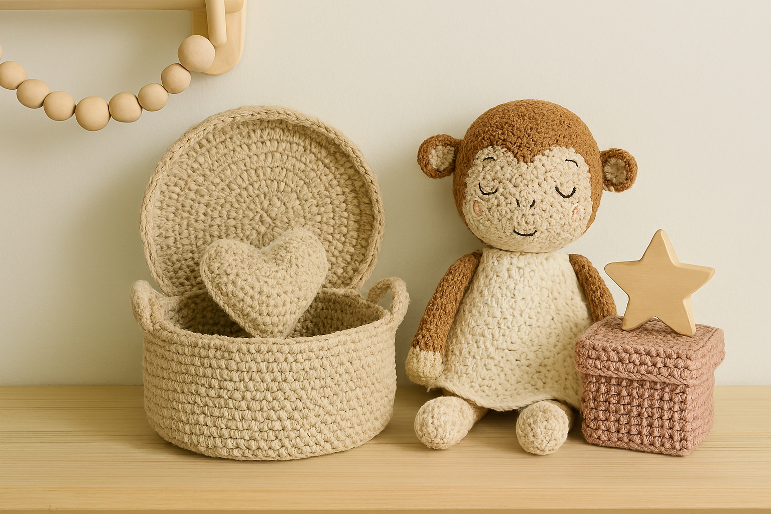 Scène artisanale dans une chambre de bébé avec panier crocheté, doudou singe plat, boîte à trésors et étoile en bois, ambiance douce et naturelle.