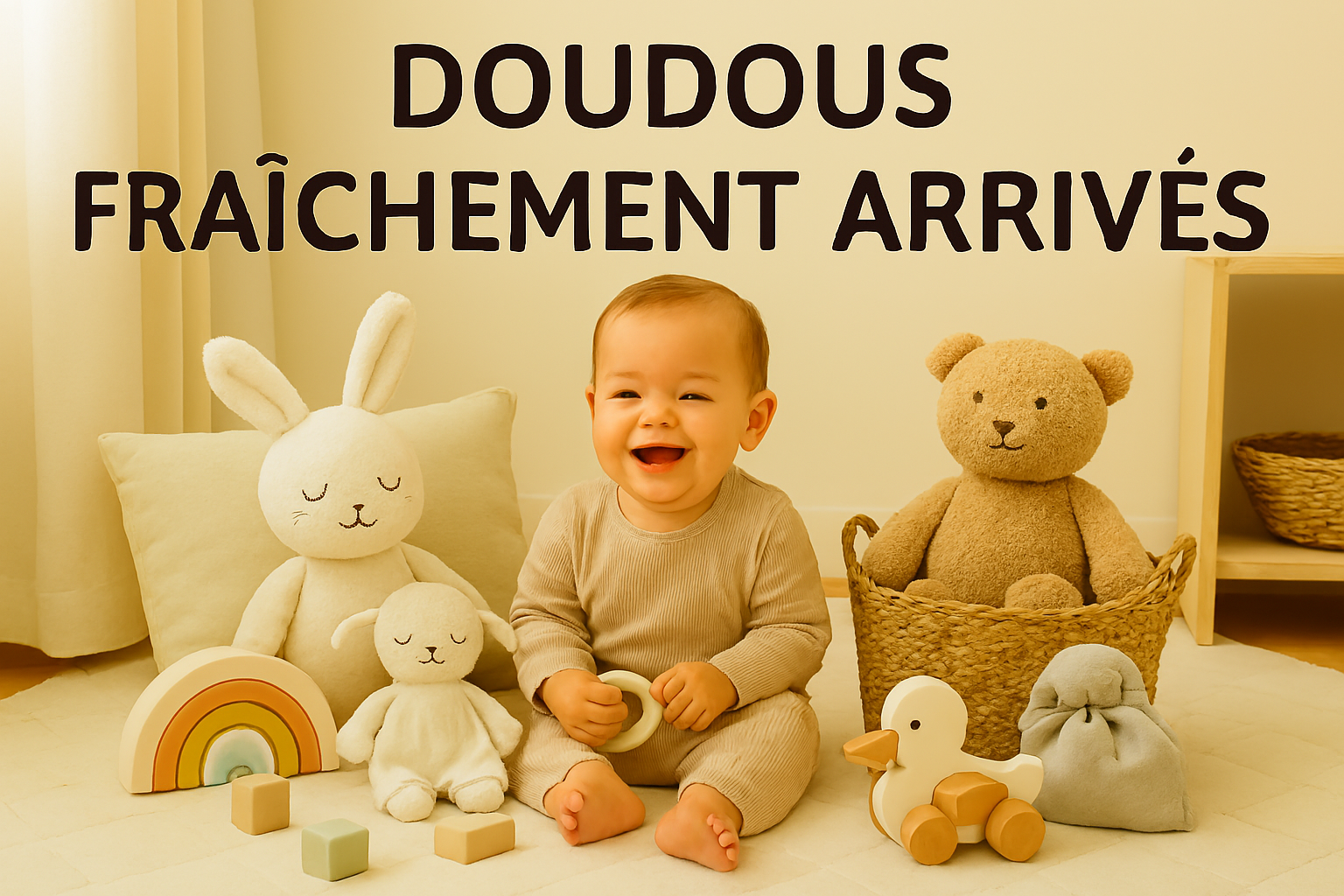 Bébé souriant entouré de doudous fraîchement arrivés : lapin, agneau, ours en tissu et peluche, posés sur tapis crème et panière en osier