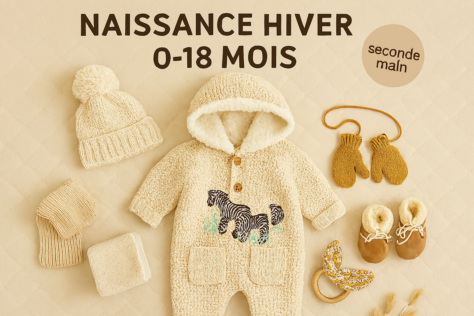 Vêtements et accessoires d’hiver pour bébé 0-18 mois : combinaison zèbre, bonnet, chaussons, jouets et accessoires sur fond beige