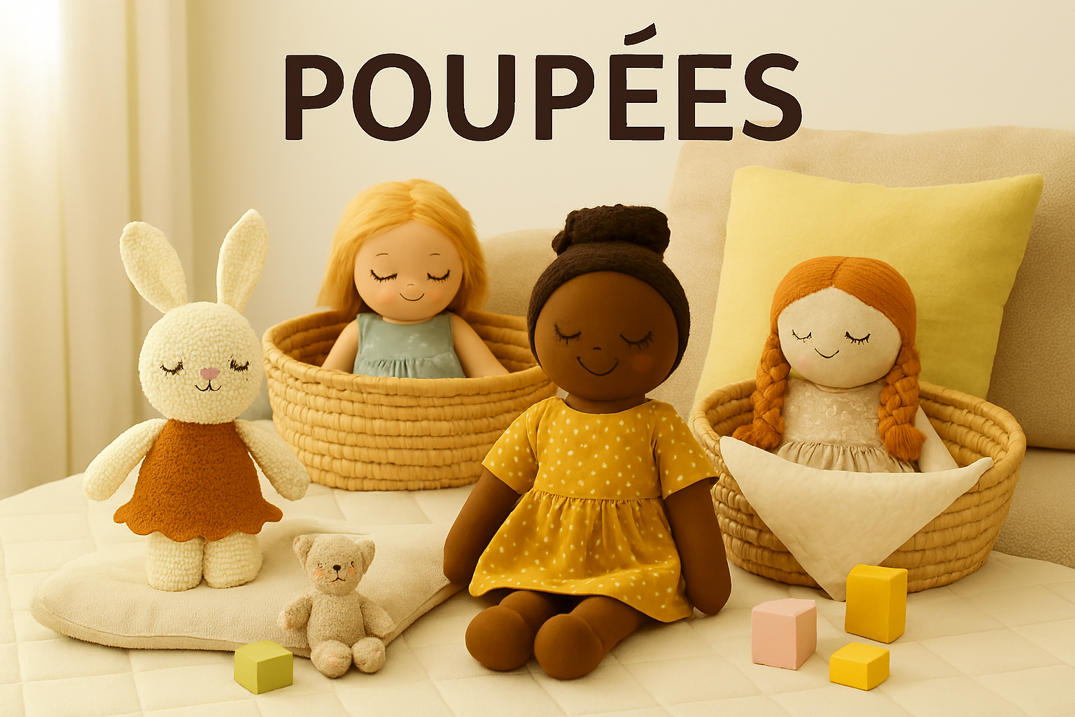 Poupées en tissu de styles variés, installées sur coussins et dans des corbeilles en osier dans un salon lumineux, avec quelques jouets en bois autour