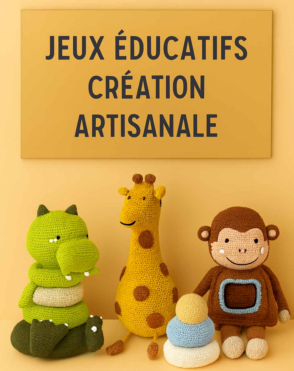 Jeux éducatifs artisanaux pour bébé : dinosaure empilable, girafe à anneaux et singe encastrement sur fond beige