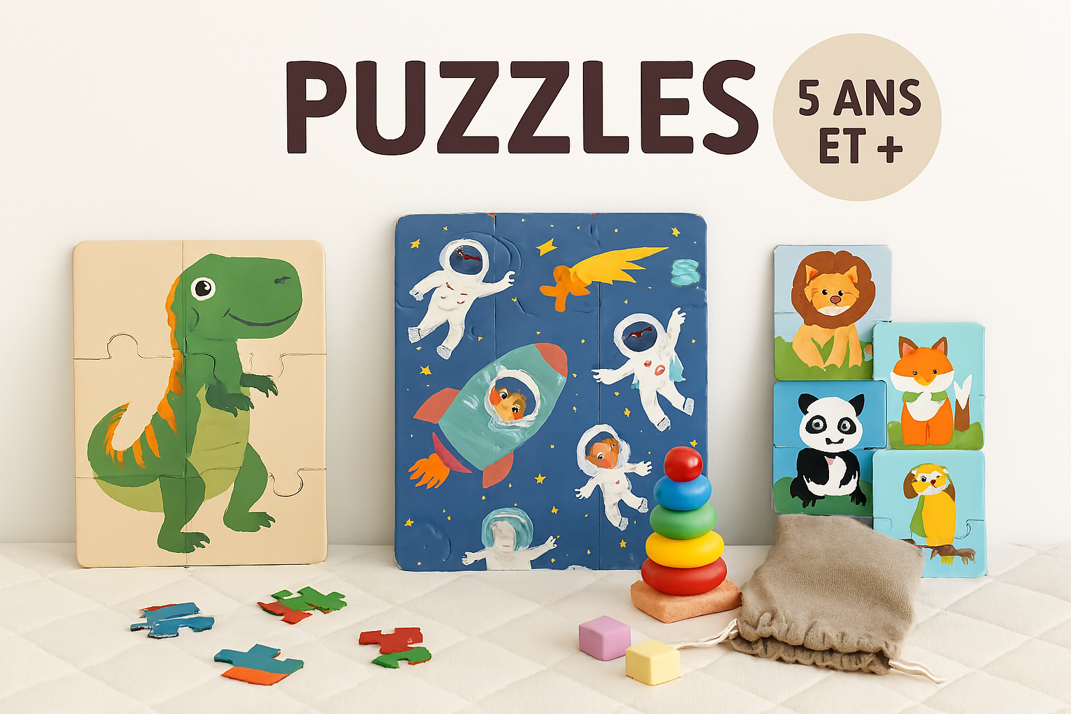 Puzzles éducatifs pour enfants 5 ans et plus : dinosaure, espace, animaux, présentés sur fond clair avec pièces éparpillées